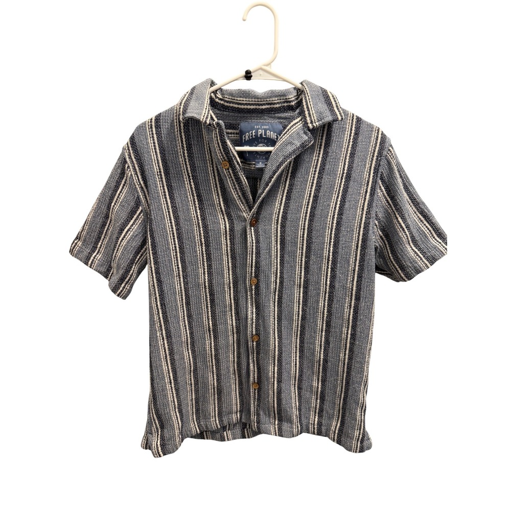 Free Planet Button Up Mens M Blue Pre-owned Striped Woven Textured Cotton Shirt